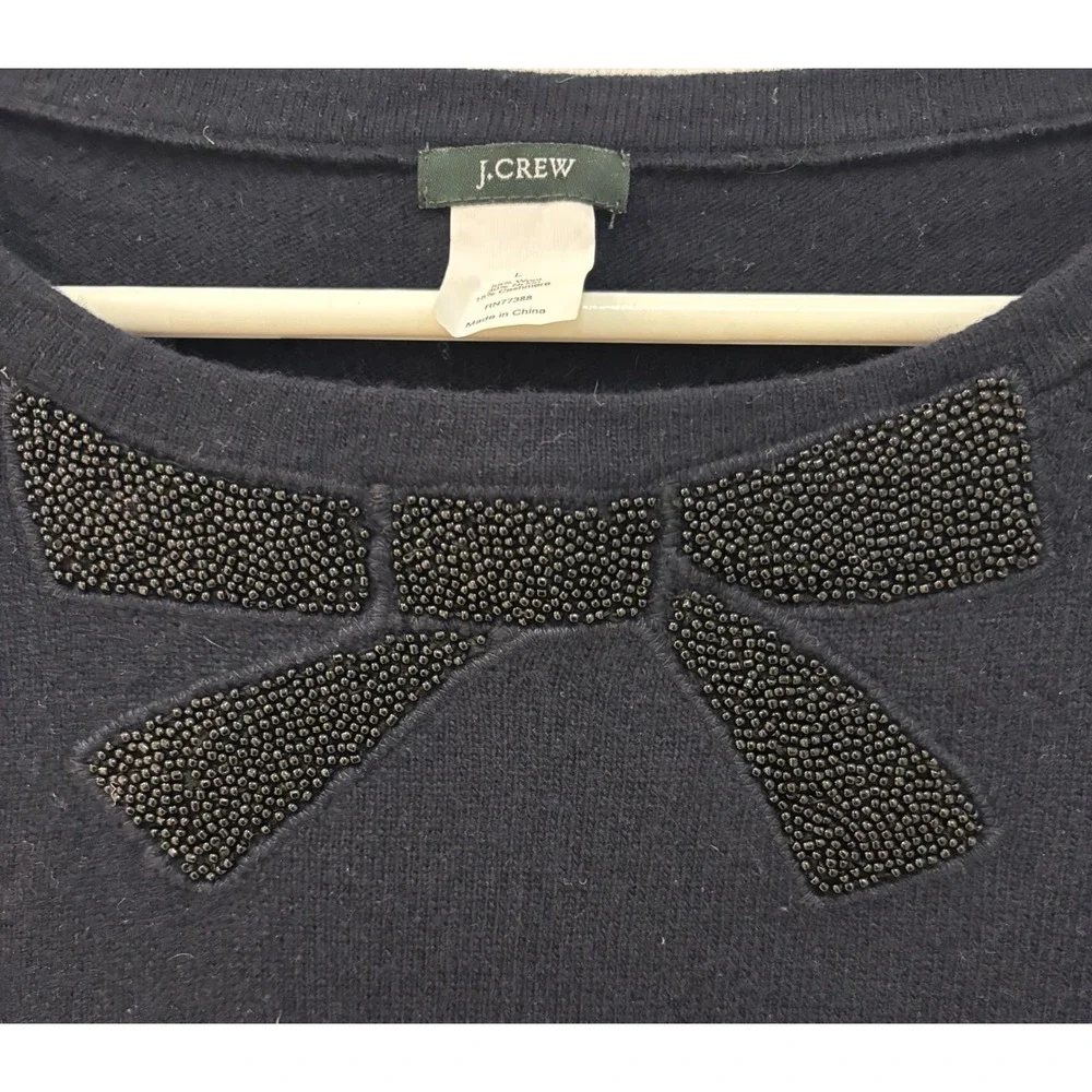 J. Crew Navy Beaded Bow Sweater Size L Wool Cashmere Blend 3/4 Sleeve‎